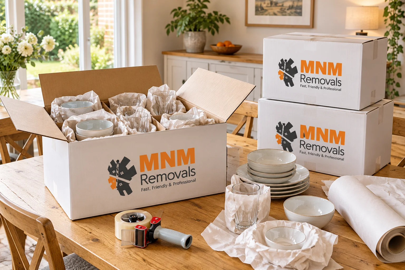 mnm packing costs moving house White MNM moving boxes with crockery, drinking glasses, packing paper and a tape dispenser on a wooden table.