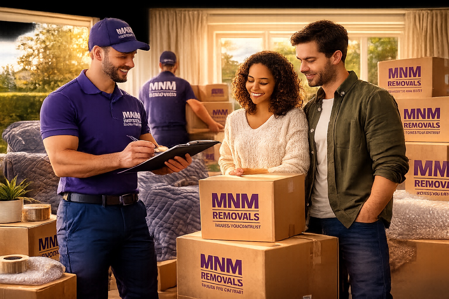 House removals East Midlands – MNM Removals Friendly movers assist couple in living room House removals East Midlands - MNM Removals Friendly movers assist couple in living room