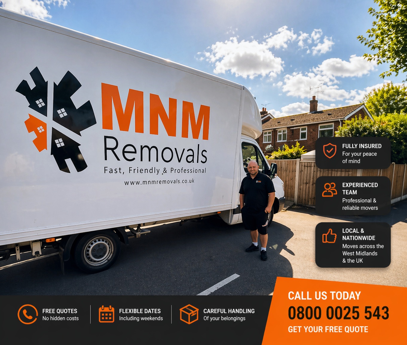 MNM Removals branded removals van and team member providing house removals across the West Midlands