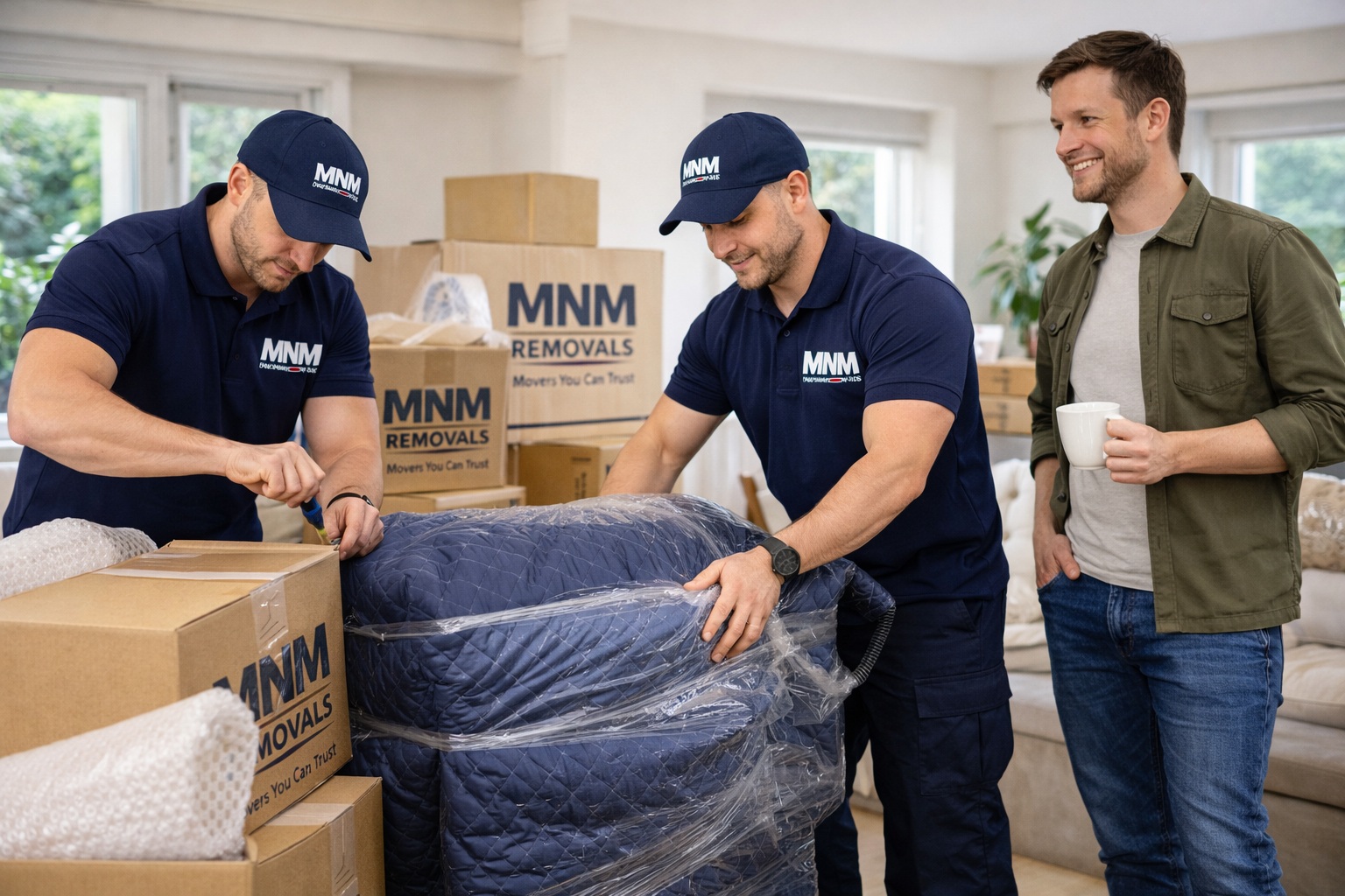 MNM Removals team carefully packing furniture and boxes during a house move