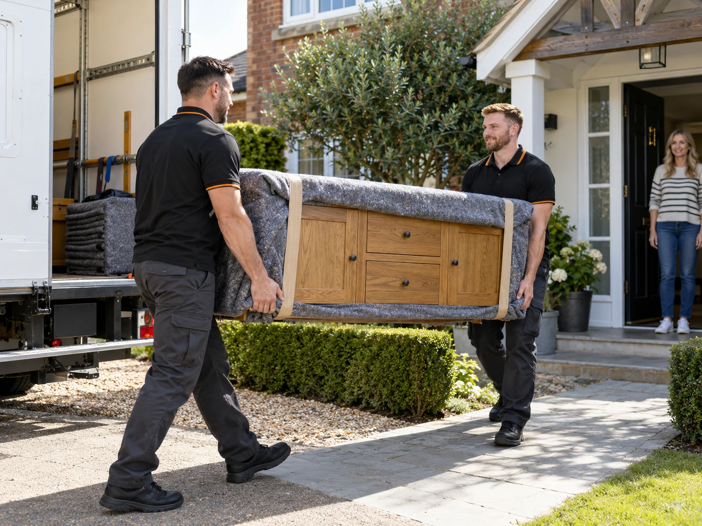 Two delivery workers carrying a protected oak sideboard towards a customer’s front door.