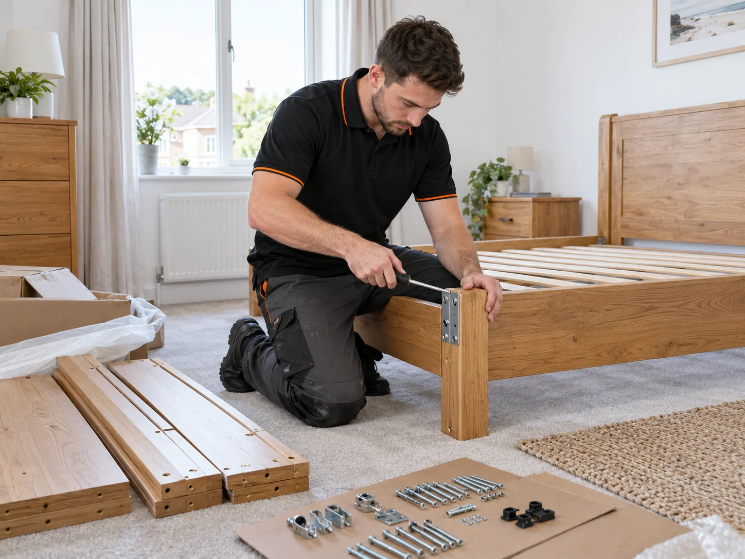 Dismantled wooden bed frame with slats, organised fittings and a screwdriver.