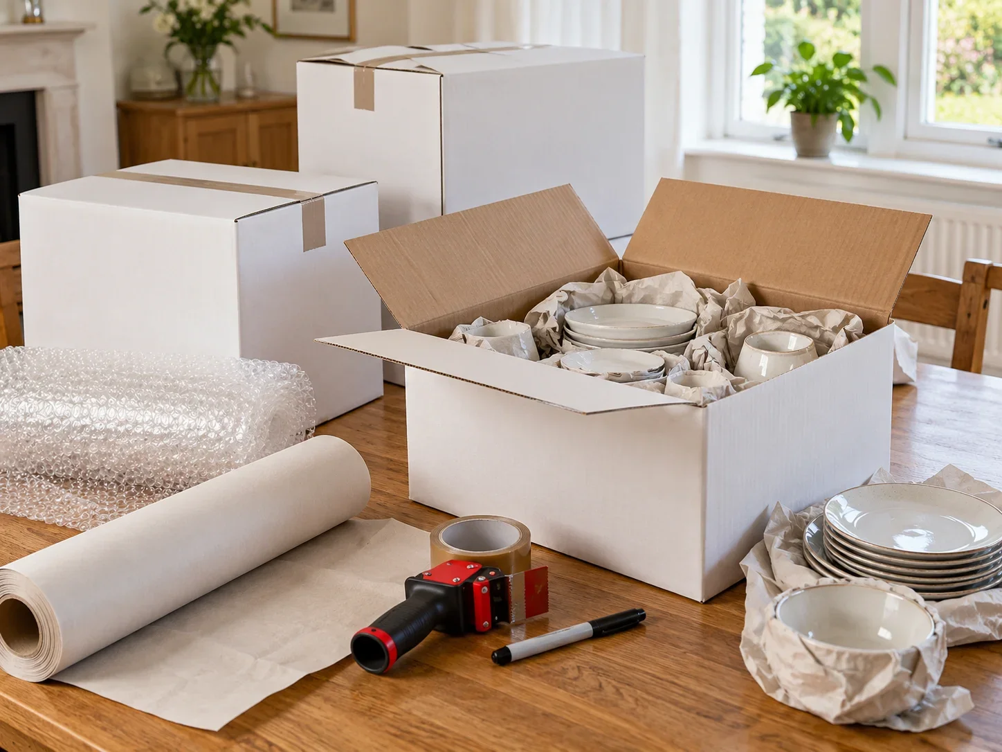 White moving boxes, crockery, packing paper, bubble wrap and tape.