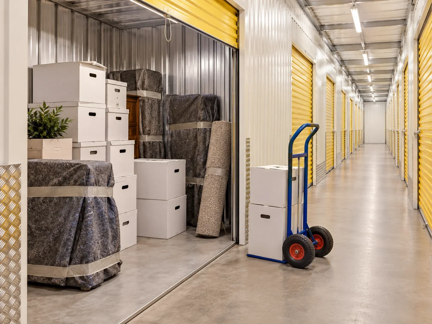 Open storage unit containing white boxes and protected furniture beside a trolley.