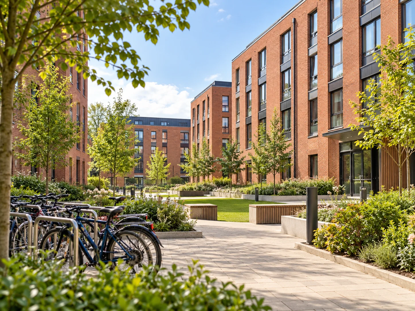 Student accommodation surrounding a landscaped courtyard with bicycle racks.