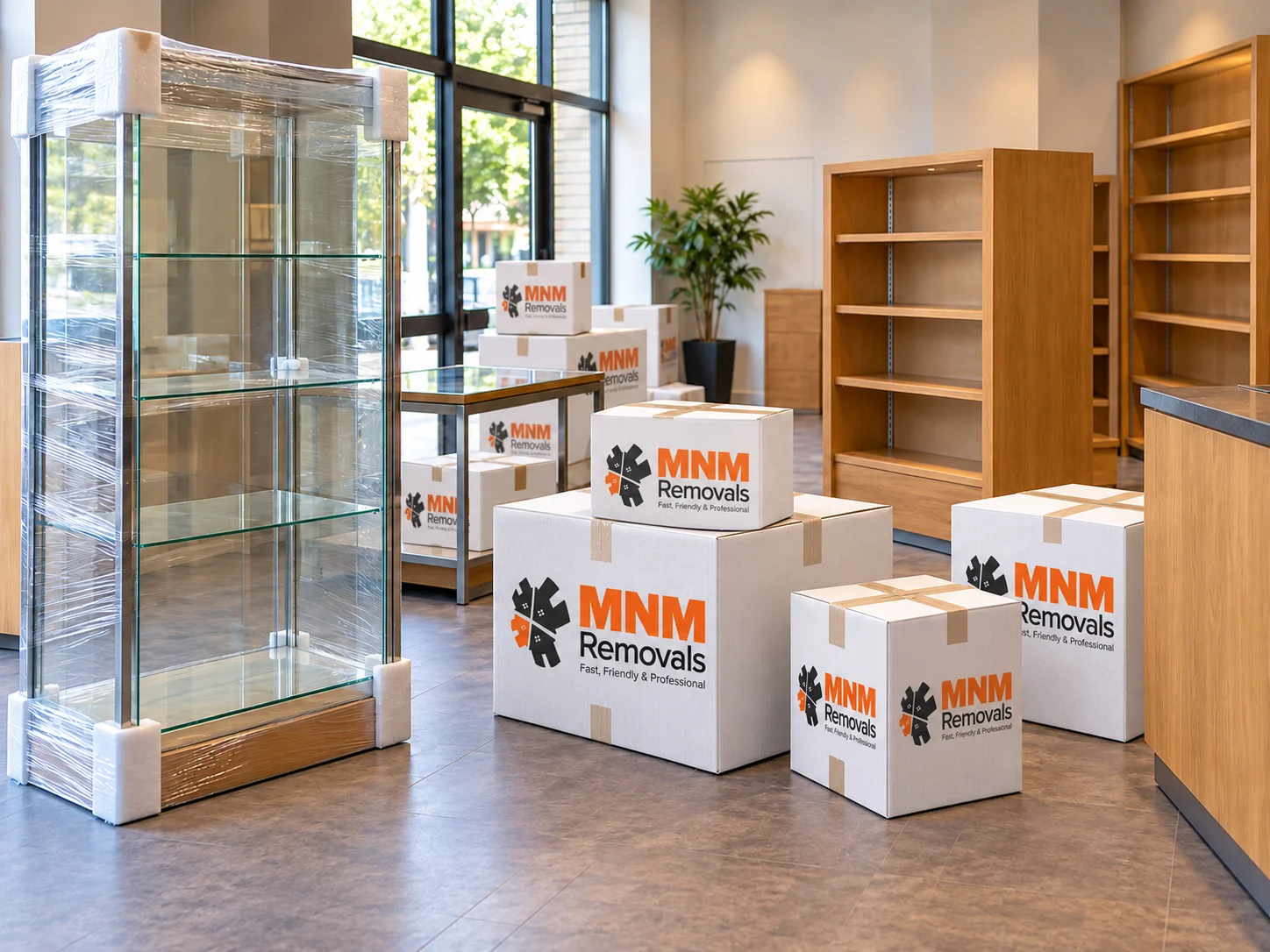 MNM-branded white moving boxes