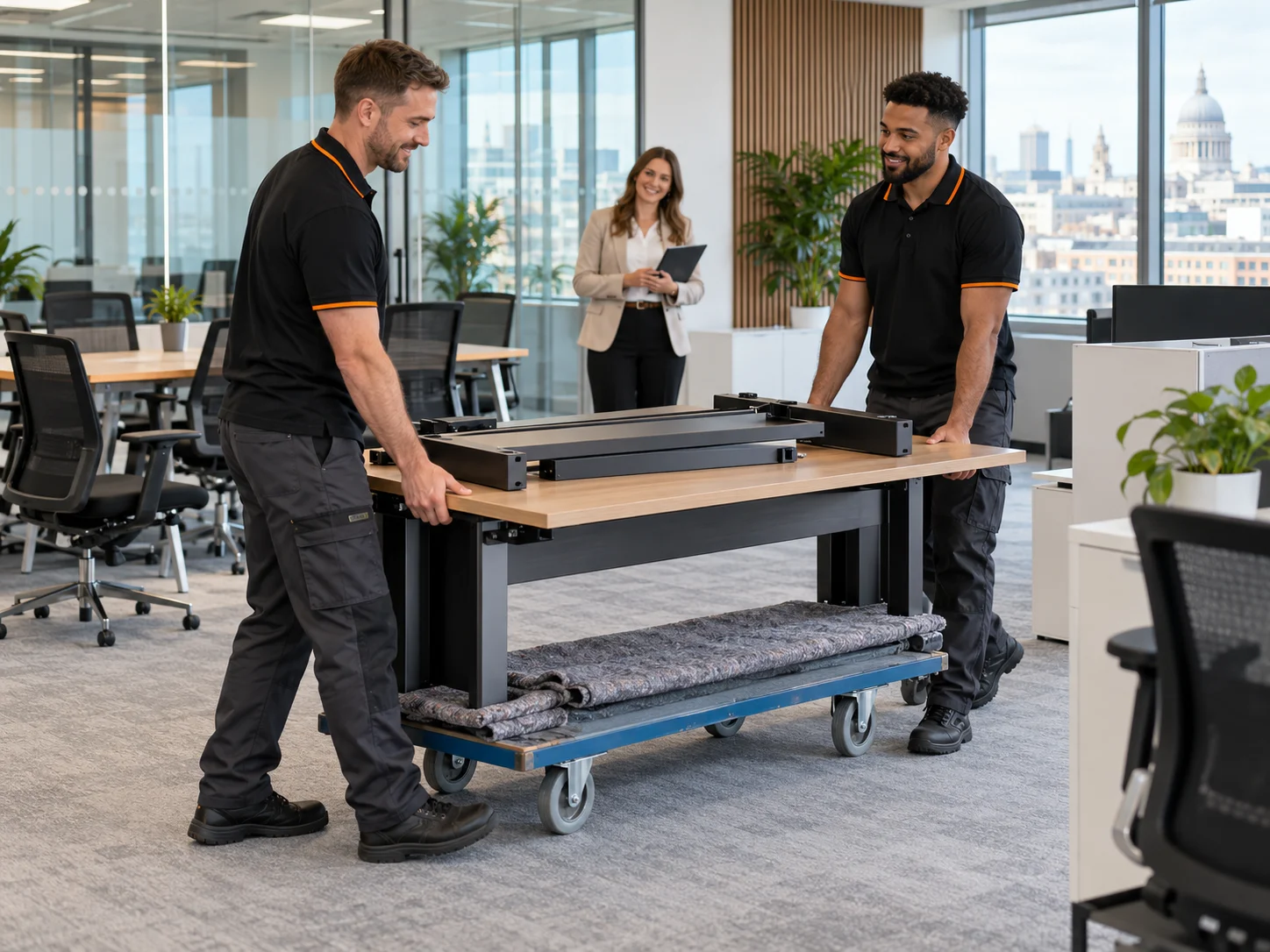 Two removal workers moving an office desk on a padded furniture trolley.