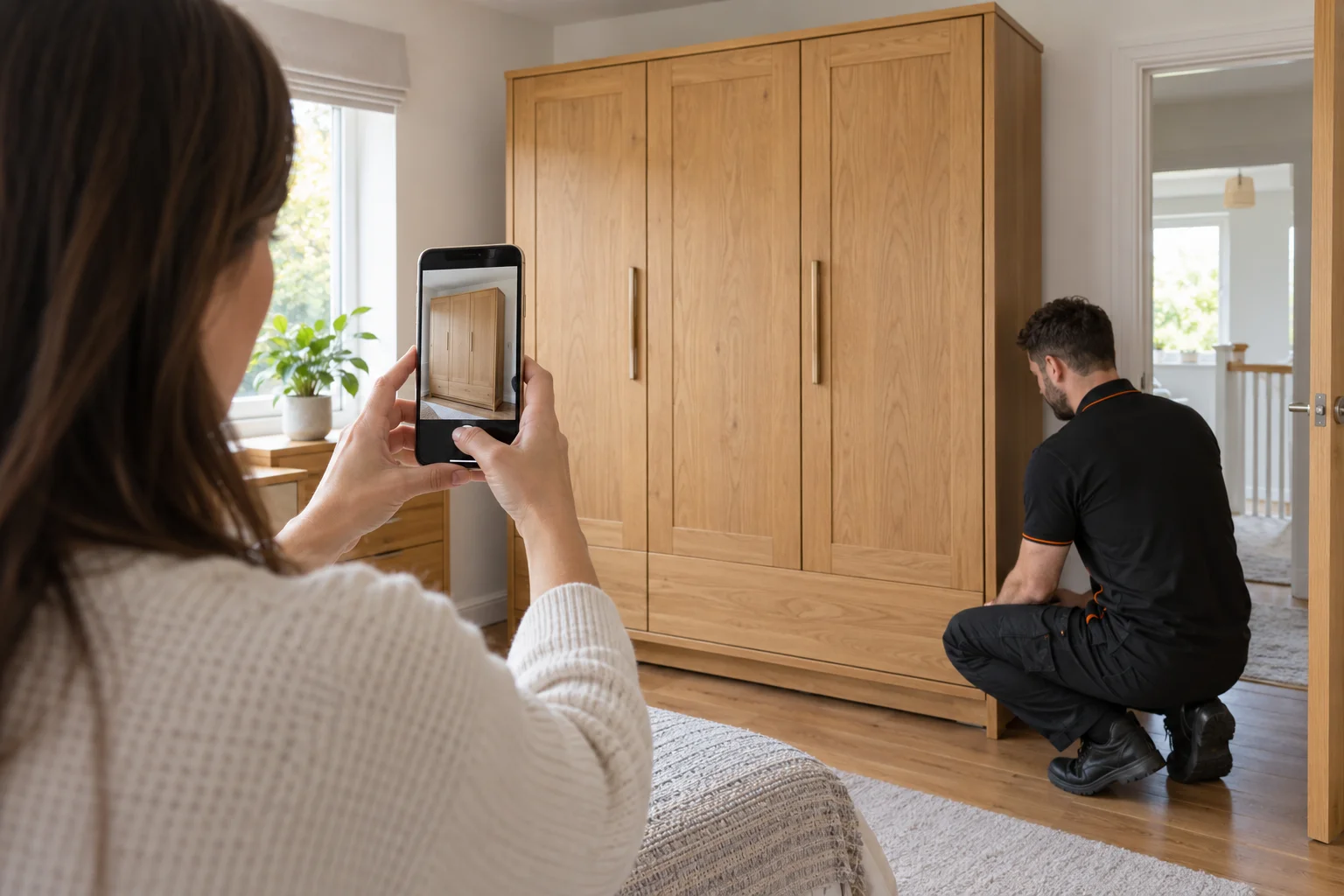 Woman photographing a freestanding wardrobe before moving.