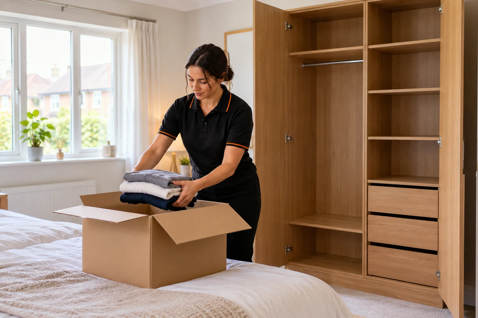Woman placing folded clothes into a box beside an emptied wardrobe.