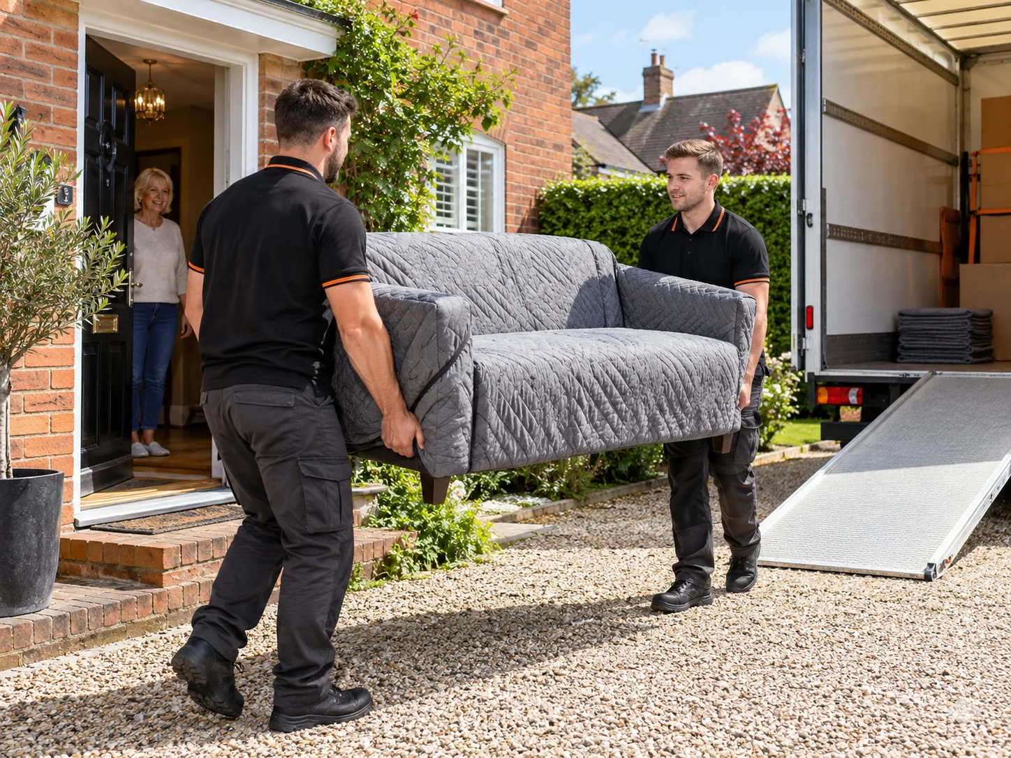 Two removal workers carrying a blanket-protected sofa from a house towards a delivery van.
