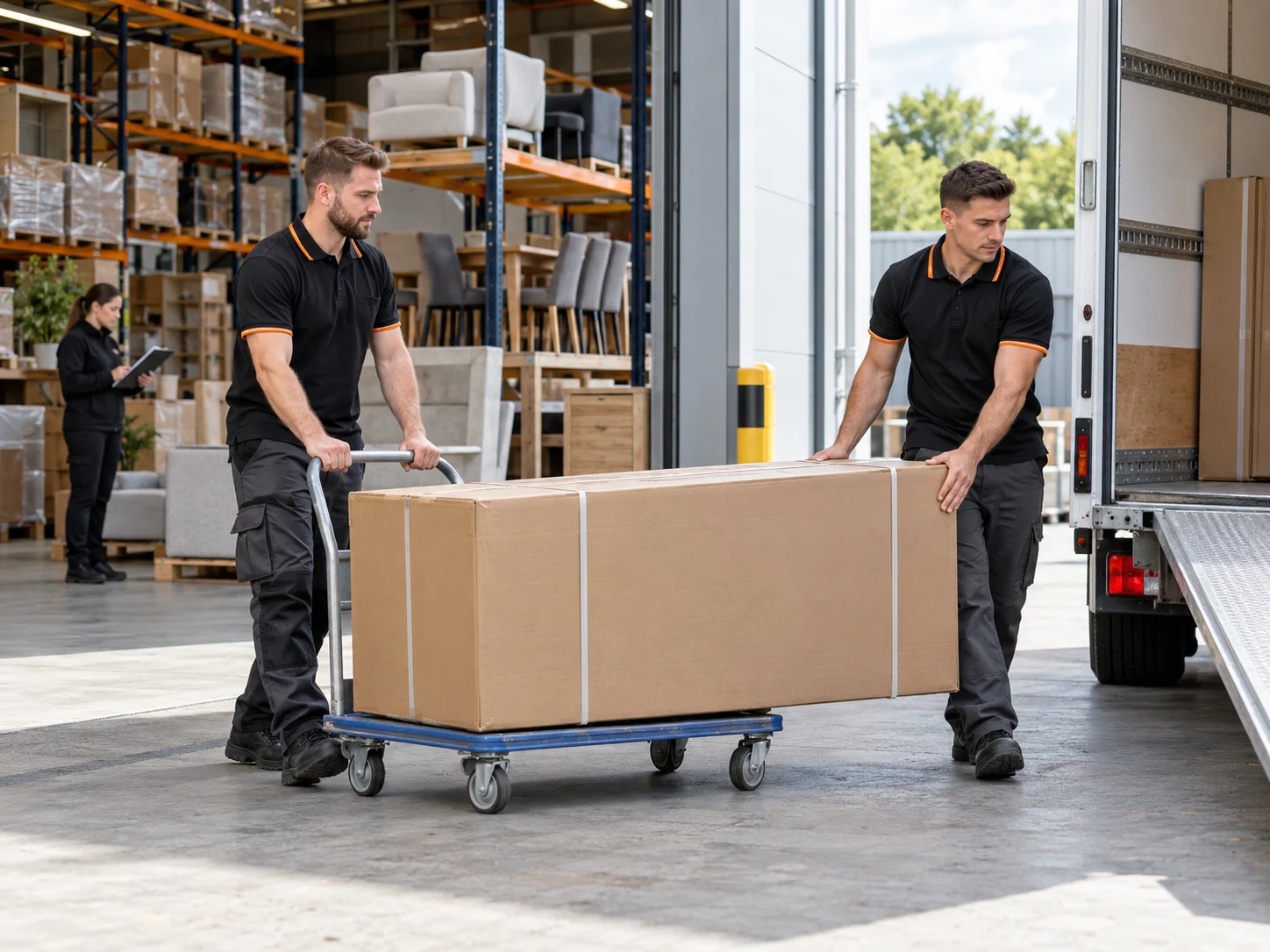 Two delivery workers moving boxed furniture on a trolley from a warehouse towards a van.