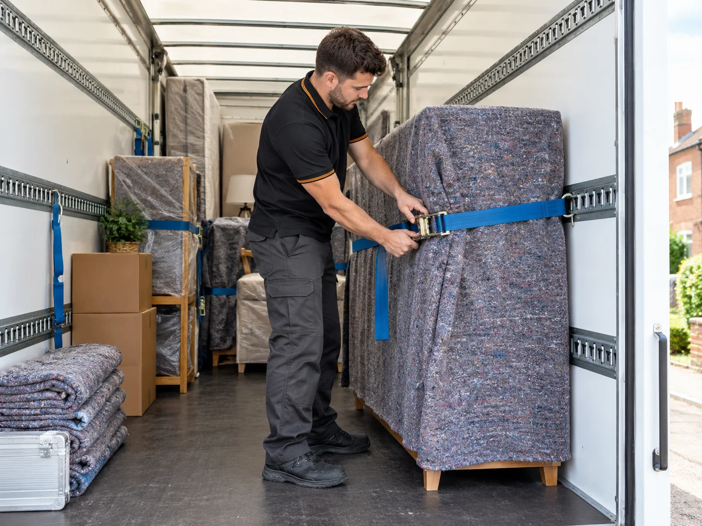 Delivery worker tightening a restraint strap around a protected cabinet inside a removal van.