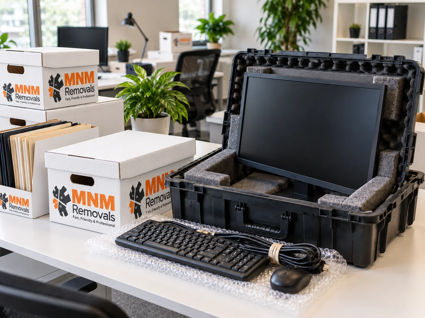 Computer monitor in a padded case beside white MNM archive boxes, files and computer accessories.