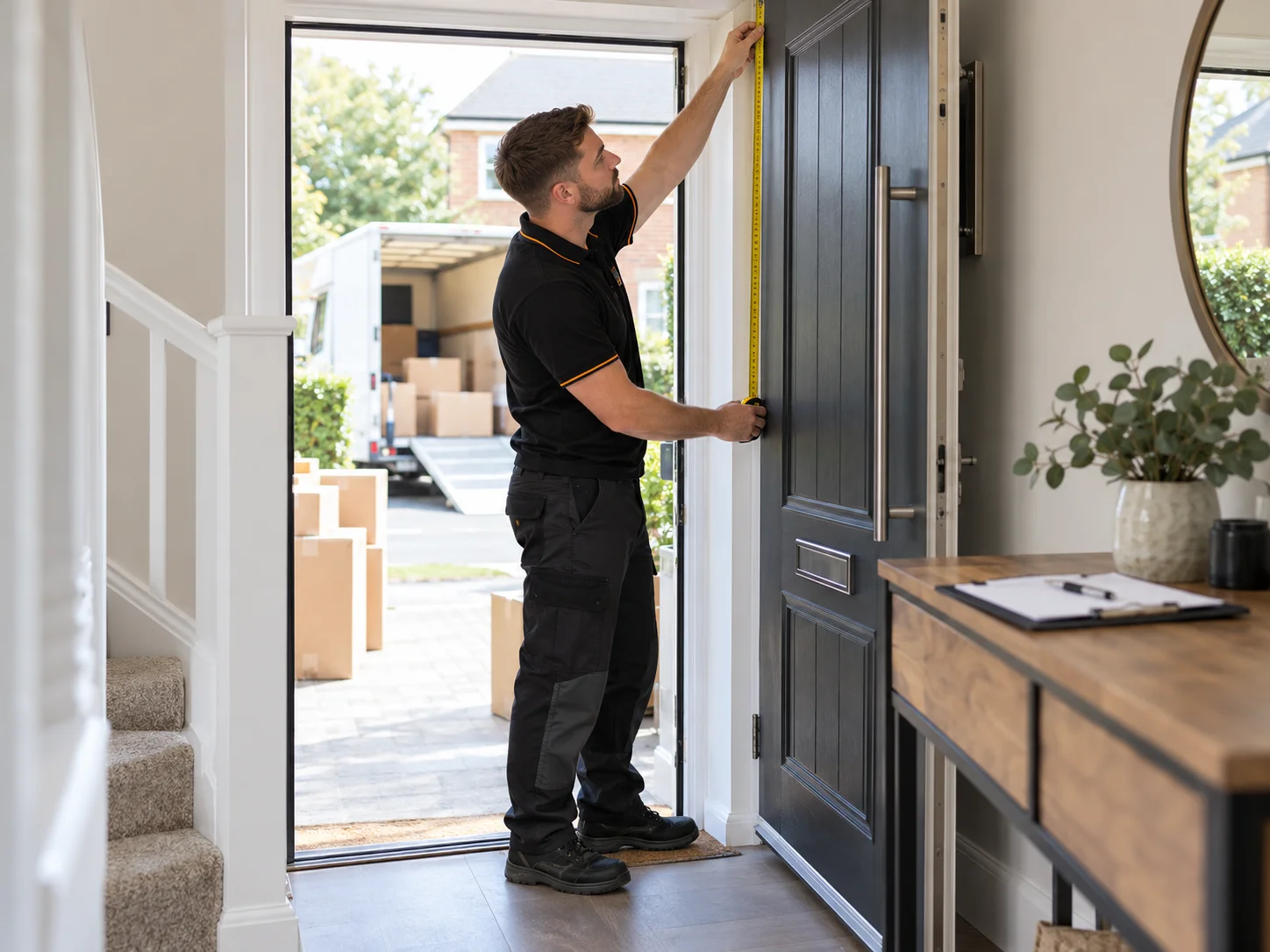 Removal worker measuring a front doorway, with a removal van parked outside.