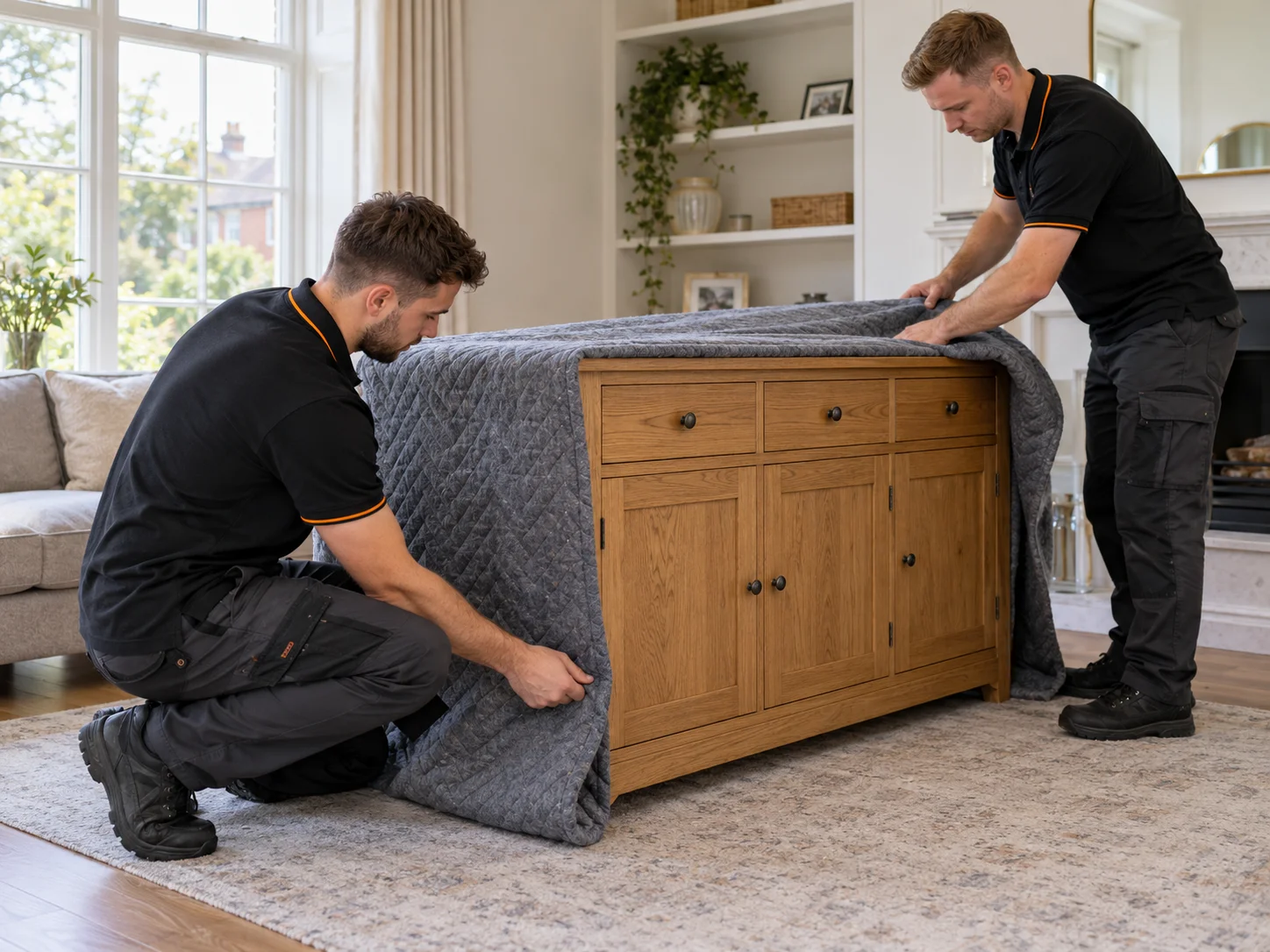 Two removal workers covering an oak sideboard with a quilted protective blanket.