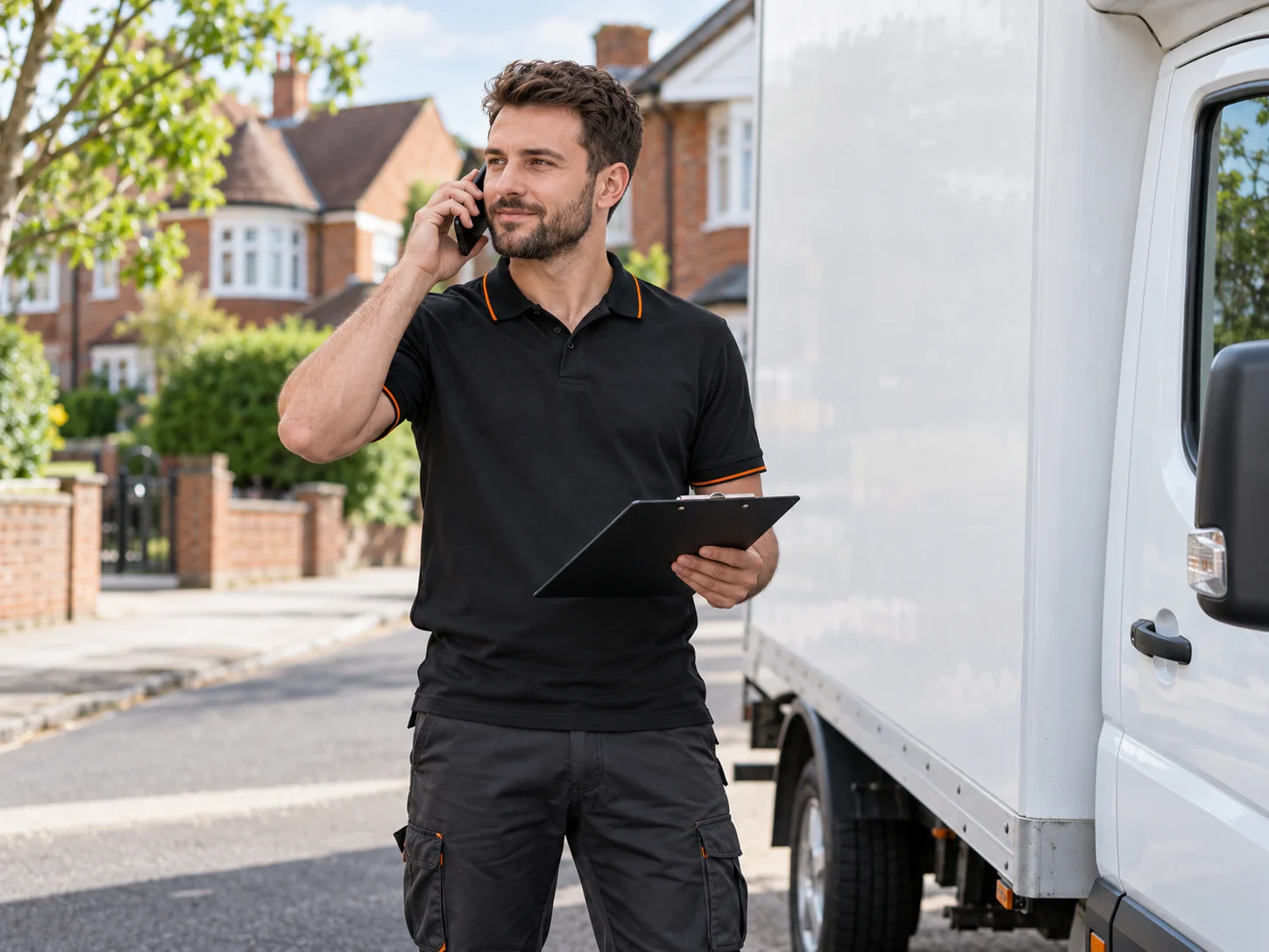 Moving coordinator speaking on a mobile phone while holding a clipboard beside a removal van.
